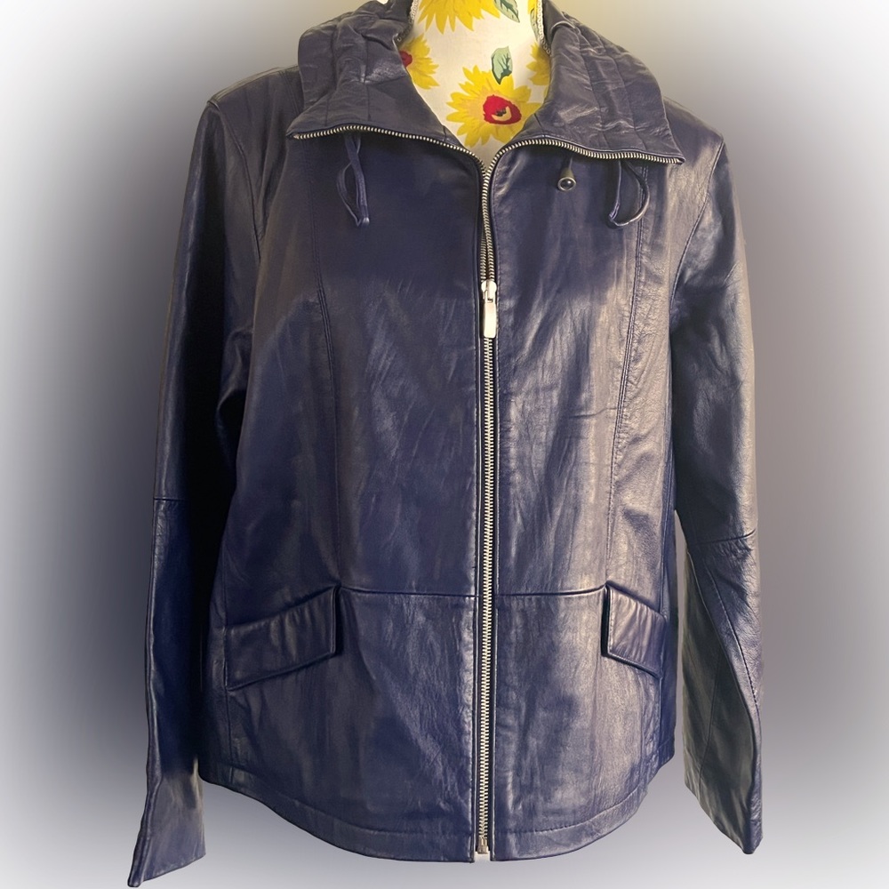 Chico’s purple/blue leather jacket. Size 2